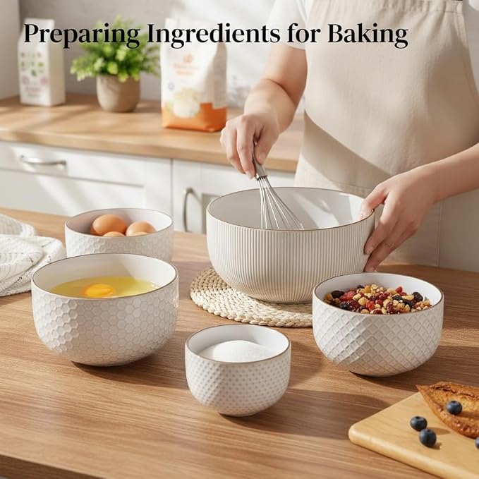 GBhome Ceramic Mixing Bowls Set of 4, Stoneware Nesting Serving Bowls | 150/105/45/20 oz For Prep, Baking, Serving, Gift, Microwave and Dishwasher Safe, Embossed Dishware Collection-Off White - Image 6