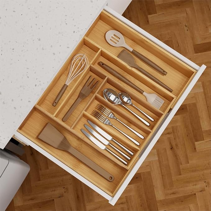 BAMEOS 3.9inch Tall Bamboo Drawer Organizer, Expandable Utensil Holder with 8 Compartments, Adjustable Kitchen Drawer Divider for Flatware, Silverware and Gadgets, Deep Storage for Home and Office - Image 5