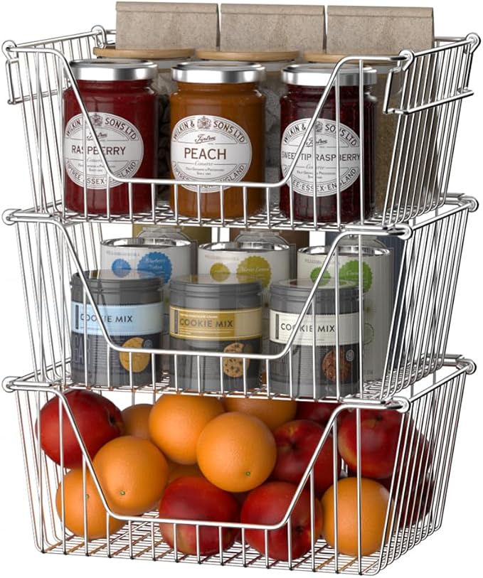 Slideep Large Stackable Storage Baskets Cabinet Organizer Sturdy Metal Wire Pantry Freezer Bin for Pantry Home Bathroom Kitchen Organization 3 Packs - Image 3