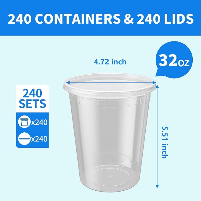 Plastic Deli Containers with Lids, 240 Sets 32 oz Leakproof Soup Cups | Complete Sets With Matching Lids, BPA Free PP Material, Leakproof Seal, Microwave & Freezer Safe, Stackable Meal Prep Vessels - Image 2
