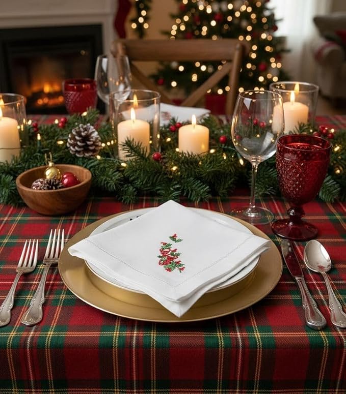 Embroidered Cloth Napkin Red Bells and Holly Christmas Cotton Napkins Set of 6, 20 x 20 Hemstitch Table Napkins Machine Washable, Daily & Holidays, Great Gift Ideas - Image 3