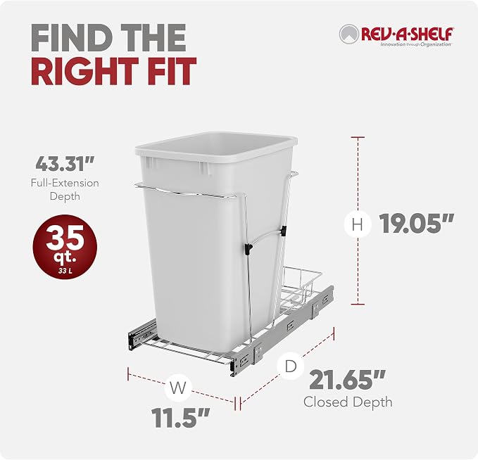 Rev-A-Shelf Single 35 Qt Pullout Trash Can for Base Kitchen Cabinets, Garbage Waste Bin System with Full Extension Slides, Min Opening Width of 11.5", White/Chrome, RV-12KD-11C - Image 3