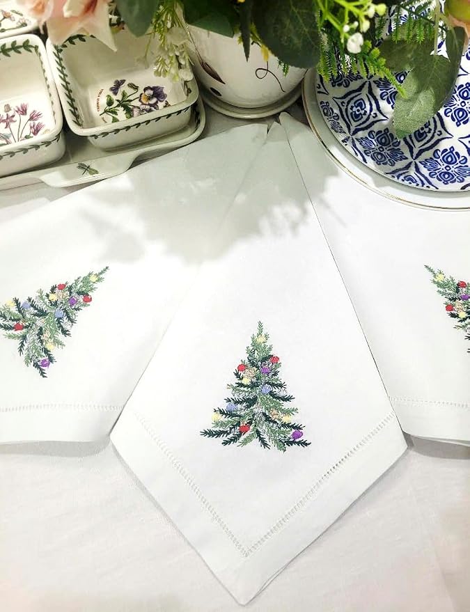 Embroidered Cloth Napkin Christmas Tree & Ornaments Cotton Napkins Set of 6, 20x20 Hemstitch Table Napkins Machine Washable, Daily & Christmas, Great Present Ideas - Image 7