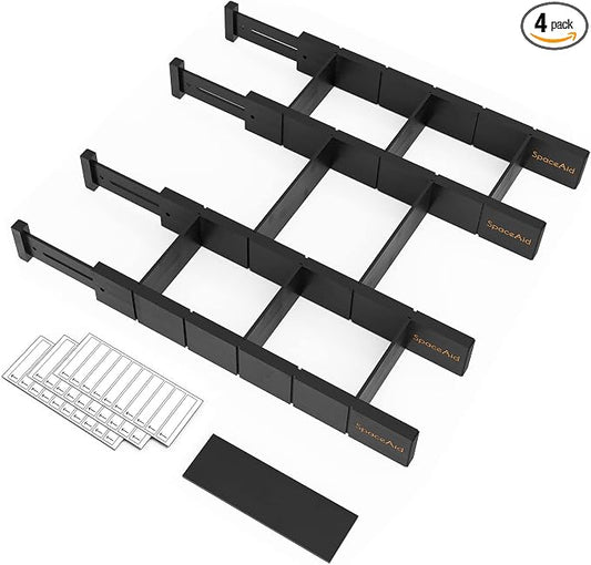 SpaceAid Bamboo Drawer Dividers with Inserts and Labels, Kitchen Adjustable Drawer Organizers, Expandable Organization for Home, Office, Dressers, 4 Dividers with 9 Inserts (17"-22" Black) by SpaceAid