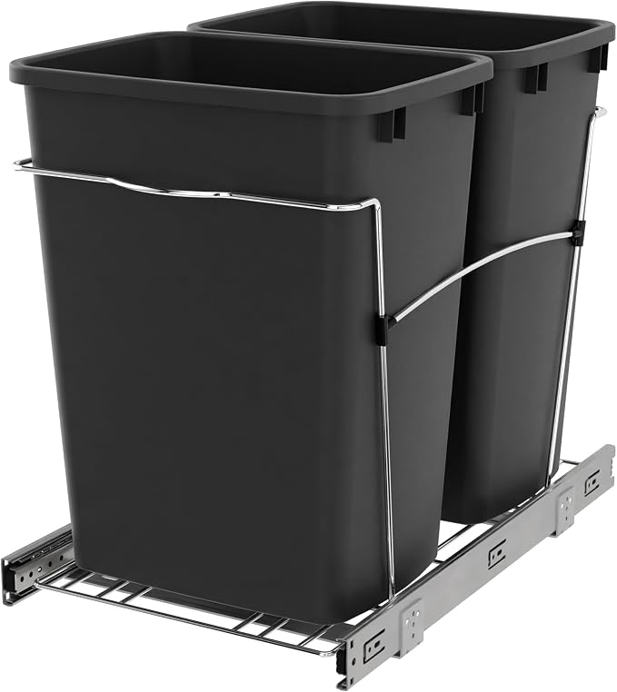 Rev-A-Shelf Double Pullout Garbage Trash Cans for Kitchen Cabinets, 35 Qt | Large Capacity Waste/ Recycling Bins, Heavy Gauge Wire Construction, with Full Extension Slides, Black, RV-18KD-18C S by Rev-A-Shelf