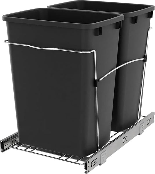 Rev-A-Shelf Double Pullout Garbage Trash Cans for Kitchen Cabinets, 35 Qt | Large Capacity Waste/ Recycling Bins, Heavy Gauge Wire Construction, with Full Extension Slides, Black, RV-18KD-18C S by Rev-A-Shelf