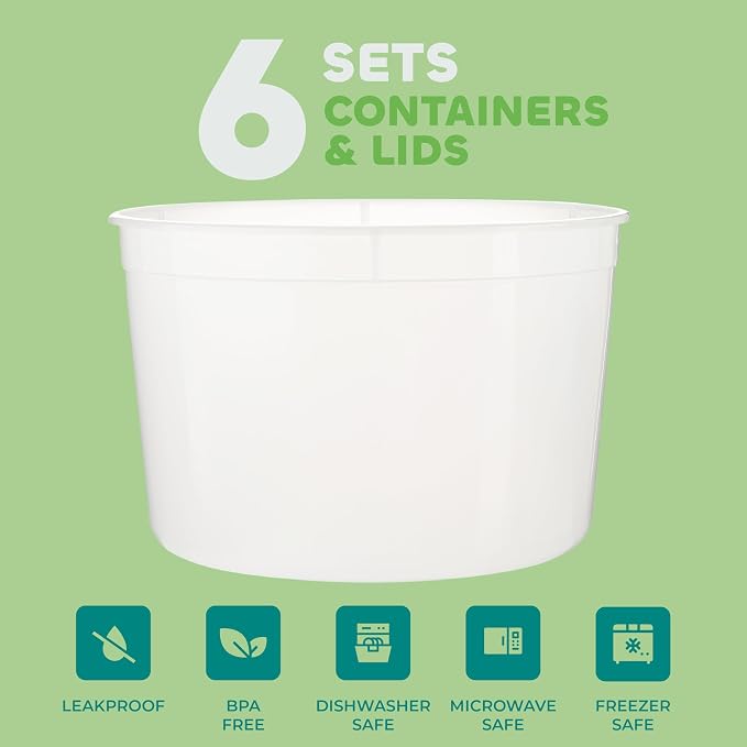 64 oz Plastic Containers with Lids - (Pack of 6) Food Storage Organizer Half Gallon Round Plastic Deli Container with Leak-Proof Lid, BPA-Free, Freezer, Dishwasher & Microwave Safe - Image 2
