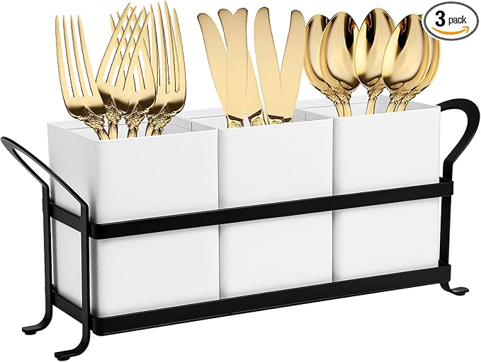 NelyBet Utensil Holder Silverware Caddy for Party Countertop, 3pcs Bins Set Silverware Caddy Organizer Holders for Spoon and Fork, White and Black by NelyBet