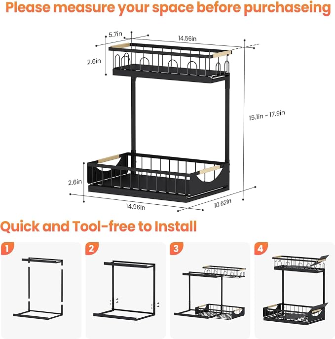 Under Sink Organizer and Storage 2 Tier Cabinet Pull Out Shelf Organizers | 2 Pack 2 Tier under sink storage for Bathroom and Kitchen Slide Out Drawer Organization for Home Cabinets Shelves and Drawers - Image 7