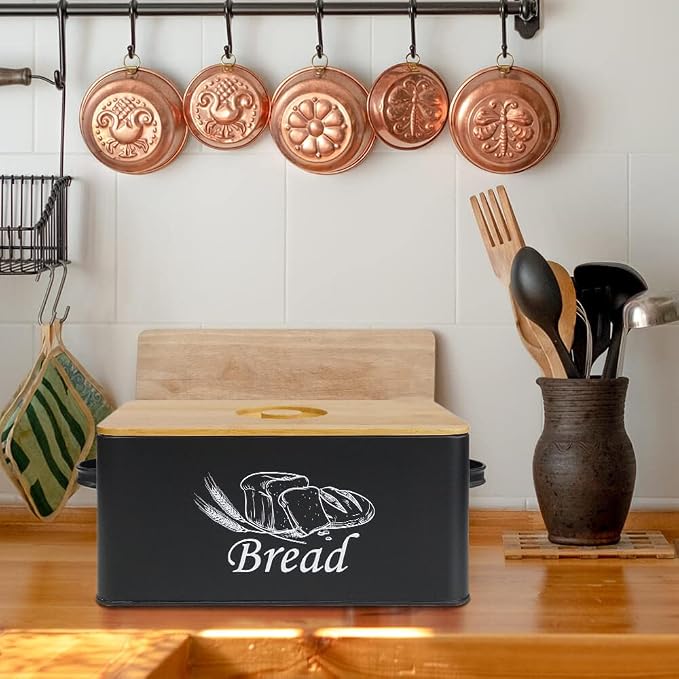 SOTECH Bread Box with 3pcs Jars Coffee Sugar Tea for Kitchen Countertop White Metal Bread Box with Bamboo Board Cover Pastry Storage Container Set Kitchen decor (Black box) - Image 8