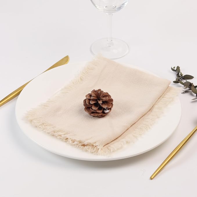 Handmade Cloth Napkins with Fringe,18 x 18 Inches Cotton Linen Napkins Set of 12 Versatile Handmade Square Rustic Fringe Napkins for Dinner, Wedding and Parties, Cream - Image 4