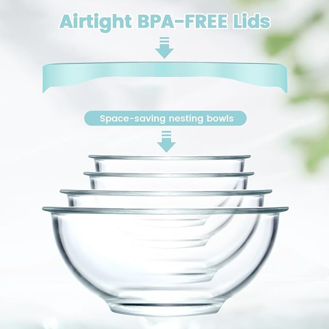 Luvan Borosilicate Clear Glass Mixing Bowls with Lids Set of 4 (0.53qt, 1.1qt, 2.1qt, 3.7qt), Space Saving Nesting Bowls Large Kitchen Salad Bowls for Meal Preping,Baking,Mixing,Dishwasher Safe - Image 6