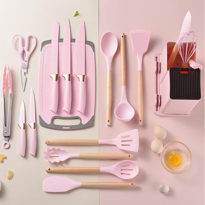 19 Pcs Kitchen Cooking Utensils and Knife Set with Block, Include 11 Pcs Silicone Cooking Utensils Set 5 Pieces Sharp Stainless Steel Chef Knives Scissors Whisk Tongs and Cutting Board (Pink) - Image 6