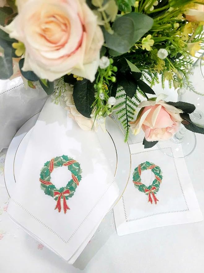 Embroidered Cotton Napkins Christmas 20x20 (Leaf Holly Wreath Christmas) - Image 3