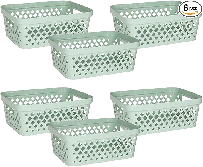 Glad Plastic Storage Basket Set, Value Pack of 6 | Open Storage Bins for Shelves, Bathroom, Pantry, Closet | Nesting Organizer Boxes with Handles, 2 Gallon, Sage by GladTrashFoodStorage