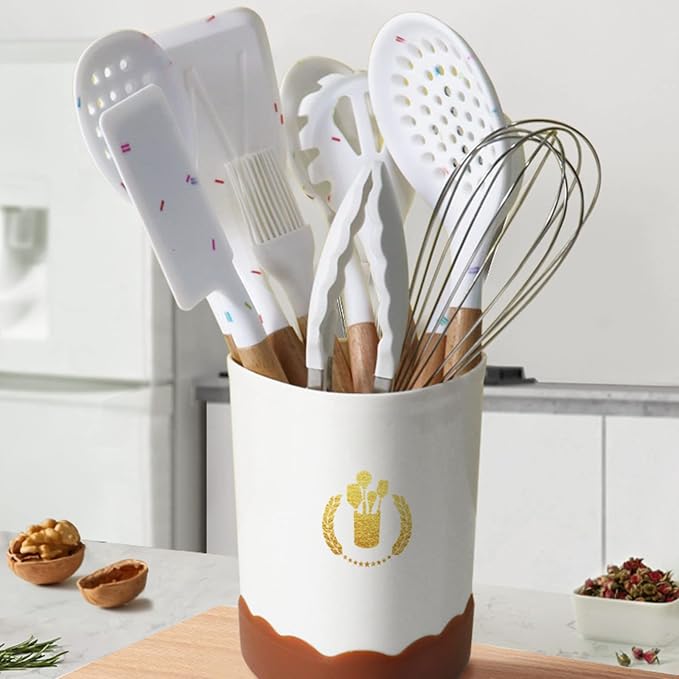 JASHII Silicone Kitchen Utensils Set White Rubber Spatulas with Wooden Handle, Silicone Cooking Utensils with Holder, Heat Resistant for Nonstick Cookware - Image 2