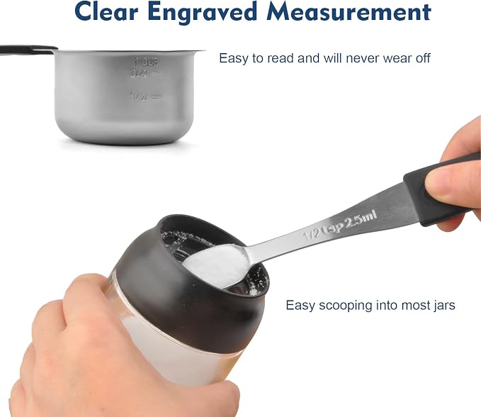 Magnetic Measuring Cups Set, 7 Pieces 18/8 Stainless Steel Stackable Nesting Heavy Duty Metal Measure Cups, Color Silicone Handle Kitchen Tools for Dry and Liquid Ingredients (14, Black) - Image 8