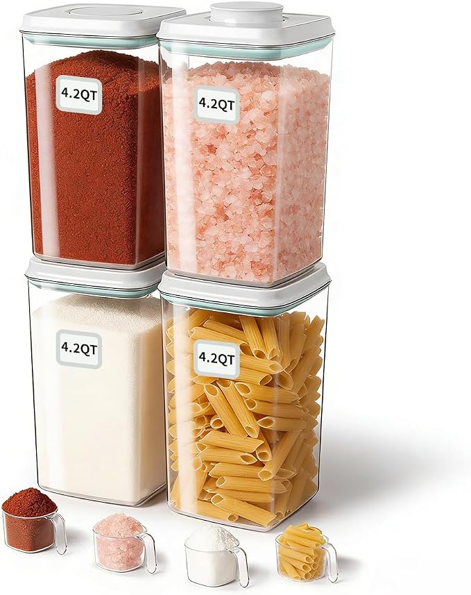 Airtight Food Storage Containers Set with One-Touch Lid, 4-Pack (4.22 QT / 4.0 L) Best Value Stackable Durable PET for Complete Kitchen Pantry Organization by EQI