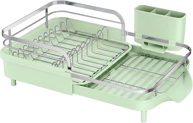 SAYZH Expandable Dish Drying Rack for Small Kitchen Counter, Green | Stainless Steel, Protective Guardrail, Angled Drainboard, Fits High-Rim Sinks, Removable Utensil Holder by SAYZH