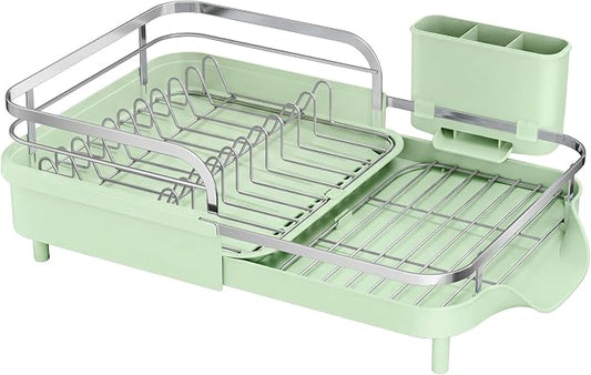 SAYZH Expandable Dish Drying Rack for Small Kitchen Counter, Green | Stainless Steel, Protective Guardrail, Angled Drainboard, Fits High-Rim Sinks, Removable Utensil Holder by SAYZH
