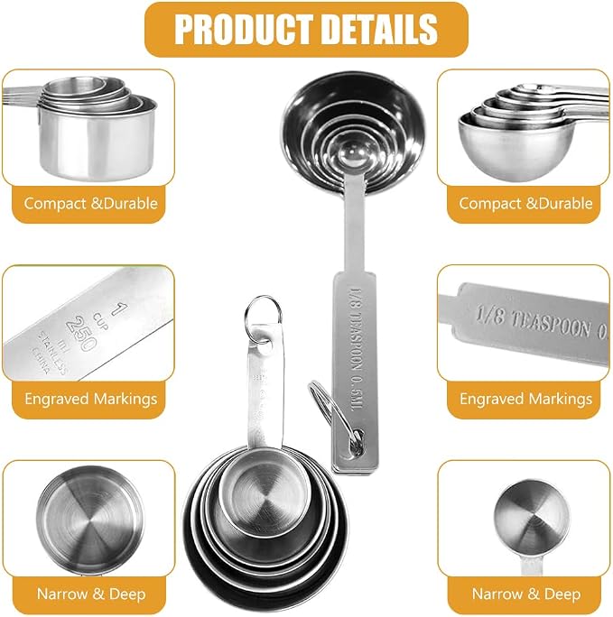 Supvox® 10Pcs Measuring Cups and Spoons Set - Stainless Steel Measuring Cup with Scales of 2 Units, Dry & Wet Food Measuring Cup for Cooking and Baking, Ideal for Chefs & Home Cooks (Silver) - Image 4