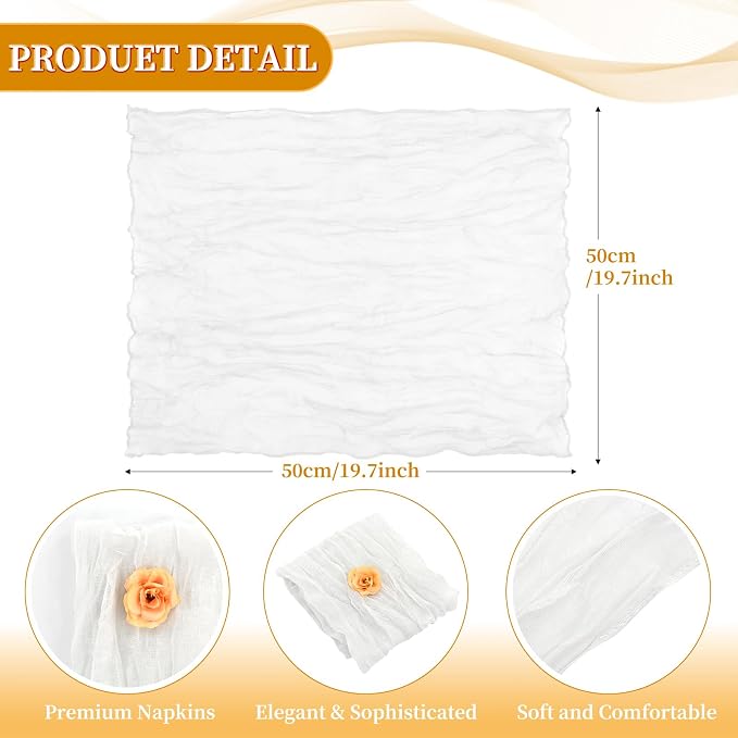 fani 60 Pack Gauze Cheesecloth Napkins, 20 x 20 in, White | Wrinkled Table Napkins, Soft Cotton, Rustic Decorative, Weddings, Party, Dinner Table, Everyday Use - Image 2