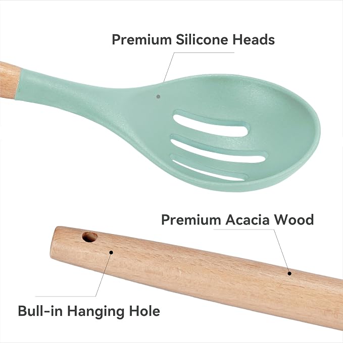 Kitchen Utensils Set, 5 Pcs Non-Stick Silicone Kitchen Cooking Utensils with Wooden Handle, Kitchen Spatula Cookware Utensils Set, Heat Resistant Silicone Kitchen Gadgets (Light Green) - Image 4