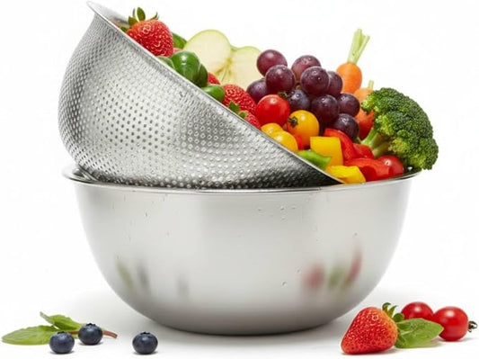 Stainless Steel Colander and Mixing Bowl Set (4.6 QT and 5.3 QT) | 2 pcs of 9.84 inch 18/8 Stainless Steel Colander & Mixing Bowl Set, Fine Mesh Strainer for Rice, Pasta & Veggies by MAXCOOK