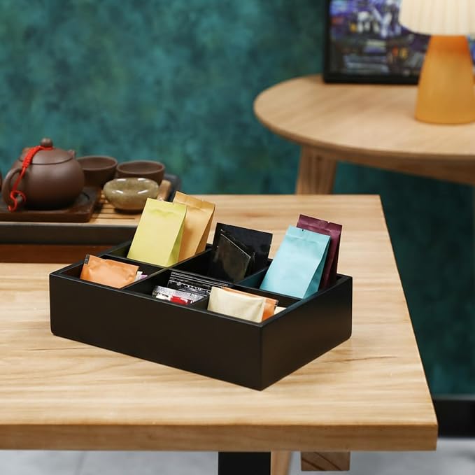 Maitys 4 Pcs Wooden Divided Storage Organizer Wood Container with 6 Compartments Food Storage Bin Wooden Tea Drawer Box Bin Holder Case for Snacks Tea Bags Coffee Sugar - Image 4