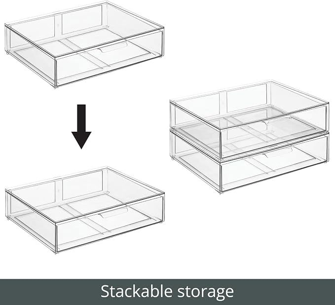 mDesign Wide Plastic Stackable Bathroom Storage Organizer Bin with Pull Out Drawer for Cabinet, Vanity, Shelf, Cupboard, Cabinet, Countertop, Closet Organization - Lumiere Collection - 2 Pack - Clear - Image 5