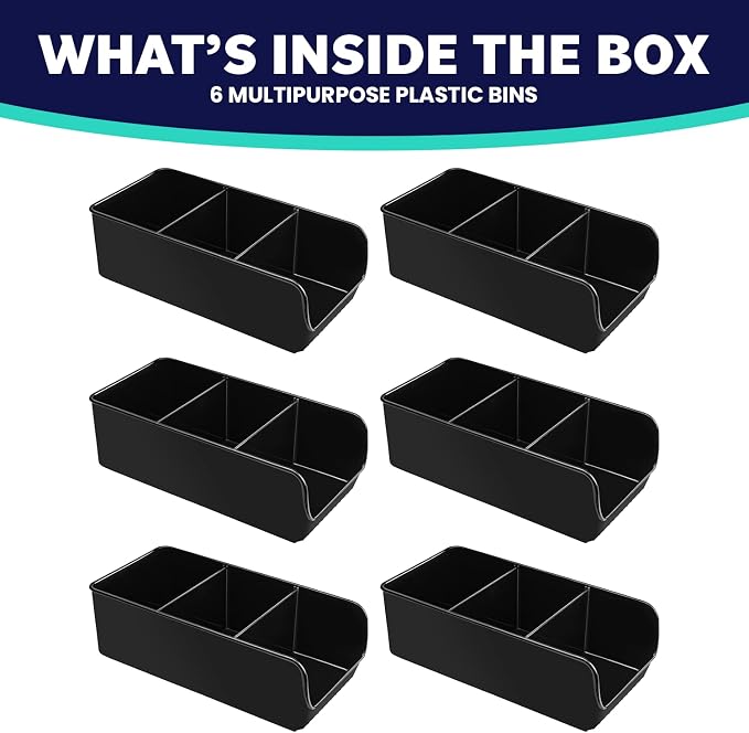 Black Storage Bins for Pantry - 3 Compartment Kitchen Cabinet and Cupboard Storage Organizers, Multipurpose Storage Bins for Snacks, Packets, Pouches, Spice Packets, Plastic Bin for Fridge - 6 Pack - Image 2