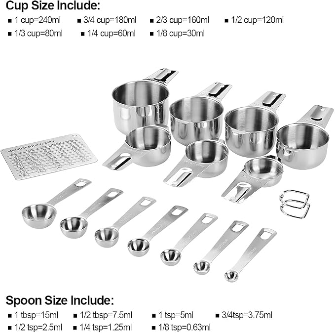 Measuring Cups and Spoons Set Heavy Duty 304 Metal Stainless Steel Measuring Cup Spoon Kitchen Gadgets for Cooking Baking (Set of 17) - Image 2