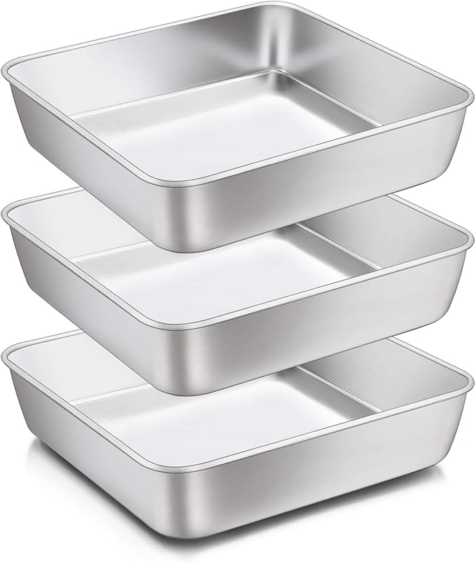 8 x 8-Inch Baking Pan, E-far Square Cake Brownie Baking Pans Stainless Steel Bakeware Set of 3, Fits in Small Toaster Oven, Non-toxic & Dishwasher Safe by E-far
