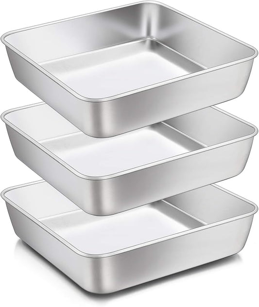 8 x 8-Inch Baking Pan, E-far Square Cake Brownie Baking Pans Stainless Steel Bakeware Set of 3, Fits in Small Toaster Oven, Non-toxic & Dishwasher Safe by E-far