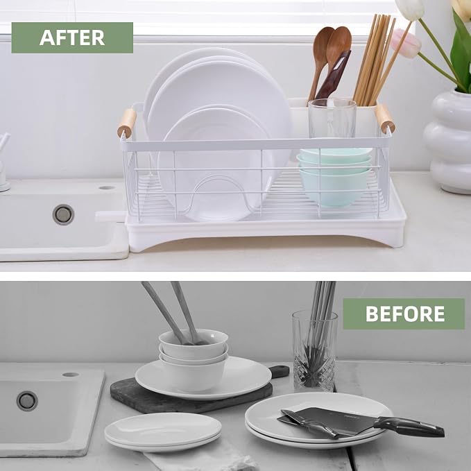 Dish Drainer Rack - Plate, Cutlery, Pots, and Pans Drying Rack for Kitchen with Beechwood Handles - Modern Retro Design Drip Tray with Metal Rack - White - Image 3