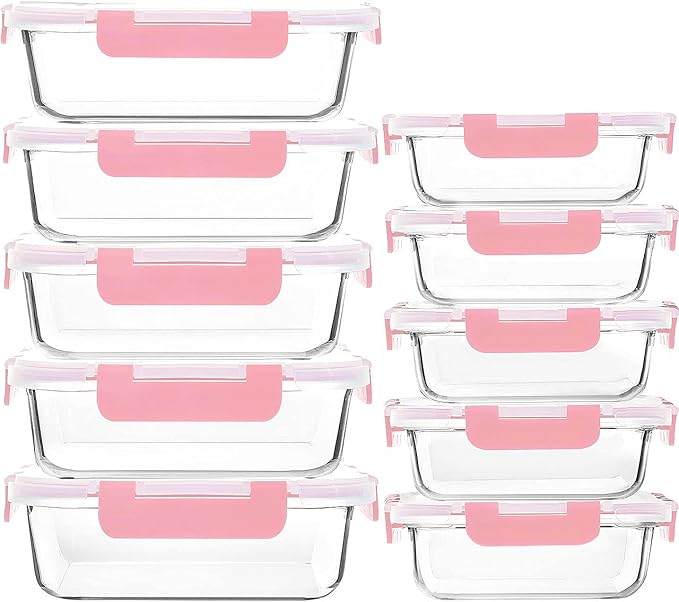 M MCIRCO 10 Pack Glass Food Storage Containers with Lids, Pink | Glass Meal Prep Containers,Airtight Lunch Containers with Lids, Microwave, Oven, Freezer and Dishwasher Friendly, BPA Free by MMCIRCO