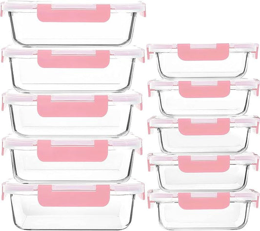 M MCIRCO 10 Pack Glass Food Storage Containers with Lids, Pink | Glass Meal Prep Containers,Airtight Lunch Containers with Lids, Microwave, Oven, Freezer and Dishwasher Friendly, BPA Free by MMCIRCO