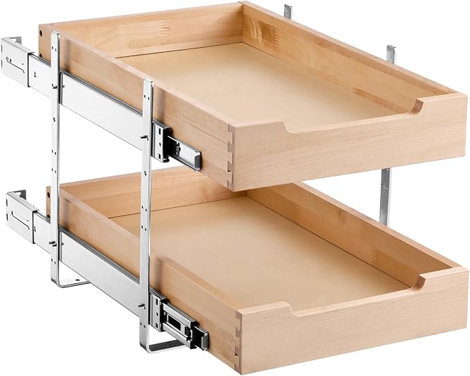 VEVOR 2 Tier Pull Out Cabinet Organizer, 14" W x 21" D Cabinet Drawer, Soft Close Slide out Shelf, Heavy-Duty Sliding Wood Drawer, Adjustable Base Cabinet Organization for Kitchen Pantry Bathroom - Image 10