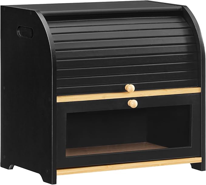 HOOBRO Bread Box, Bamboo Bread Box for Kitchen Countertop, 2 Tier Roll-Top Bread Bin, Food Storage Box, Large Capacity Keeper, Wooden Storage Cabinet, for Kitchen, Dining Room, Black BK13MB01 by HOOBRO