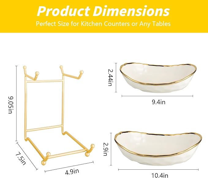2 Tier Ceramic Fruit Bowl for Kitchen Counter with Metal Rack, Fruit Basket with Stand, Porcelain Bowls for Vegetable Bread Candy Snack Nuts Dessert Cake Tray (Gold 2 layer) - Image 2