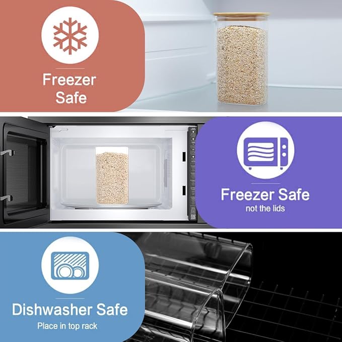 3 Pack Square Glass Pantry Storage Containers with 132 Kitchen Food Pantry Labels - 51 floz Clear Glass Pantry Jars with Airtight Wood Bamboo Lids - Glass Canisters for Candy, Cereal, Coffee, Spice - Image 5