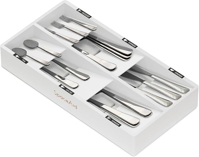 SpaceAid Bamboo Silverware Drawer Organizer with Labels, Kitchen Utensil Tray Holder Organizer for Flatware, Cutlery, Spoon and Knives Drawer Storage Organization (White, 6 Slots) by SpaceAid
