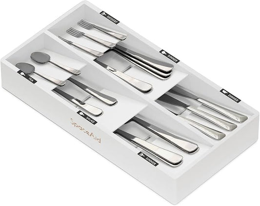 SpaceAid Bamboo Silverware Drawer Organizer with Labels, Kitchen Utensil Tray Holder Organizer for Flatware, Cutlery, Spoon and Knives Drawer Storage Organization (White, 6 Slots) by SpaceAid