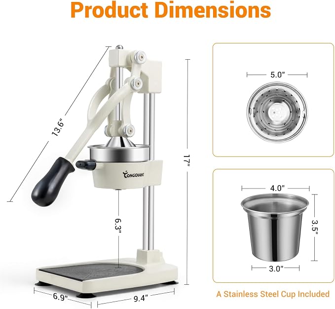 TONGCHANT Cast Iron Manual Juicer for Orange Lemon & Pomegranate, 17" Tall | Heavy Duty Orange Juicer Squeezer, Citrus Press, Hand Press Juicer, Stainless Steel Cup, Easy to Clean, White - Image 4