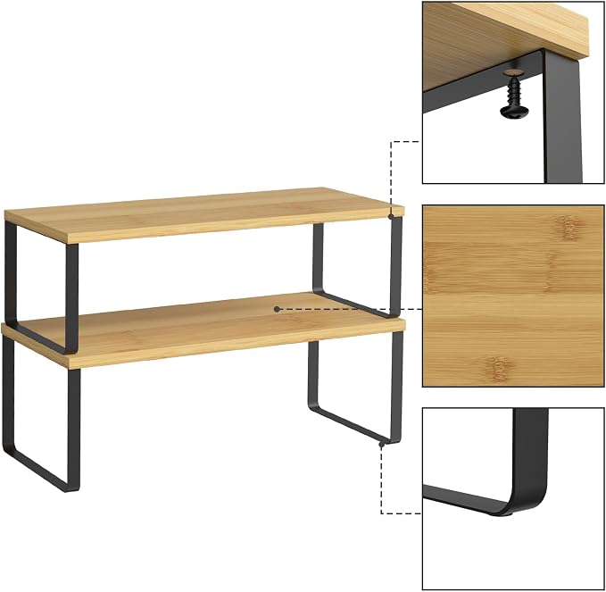 NEX Kitchen Cabinet and Counter Shelf Organizer, Stackable & Expandable, Set of 4, Black and Natural - 7.7 x 15.6 x 6.2'' - Image 8