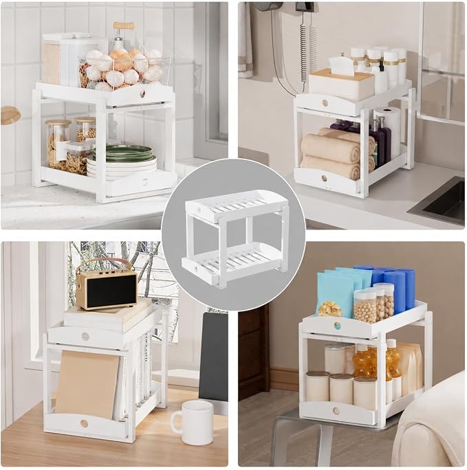 Bamboo Under Sink Organizer 2 Tier Pull Out Cabinet Storage Drawer - Image 4