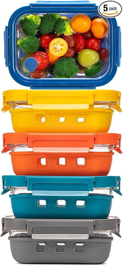 5 Pc Glass Meal Prep Containers with Glass Lids | 22 oz Airtight leakproof Food Storage Containers with Silicone Sleeves, BPA-Free, microwave, freezer & dishwasher safe by GENICOOK