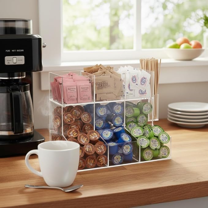 Acrylic Coffee Station & Condiment Organizer – Modular Detachable Top Tier – 6 Compartments for Sugar Packets, Creamers, Syrups, Hot Cups, Tea & Stirrers – Breakroom Caddy (Transparent) - Image 2