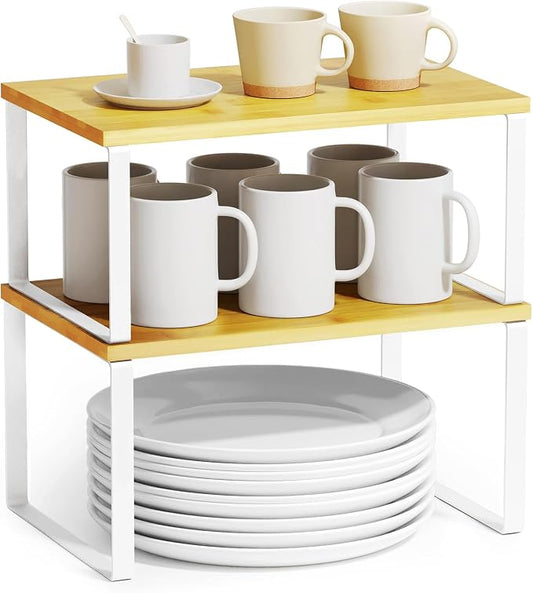 SpaceAid Cabinet Shelf Organizers 2 Pack, Kitchen Counter Rack Shelves Riser, Stackable Expandable Spice Rack, Pantry Cupboard Storage Organization (White and Natural, Short) by SpaceAid