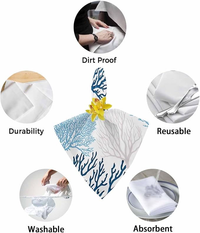 Ocean Blue Coral Dinner Napkins Cloth Set of 8 Polyester Napkins 20 x 20 Inch, Sea Teal Retro Beach Nautical Marine Washable and Reusable Table Napkins for Wedding Cocktail Hotel - Image 6